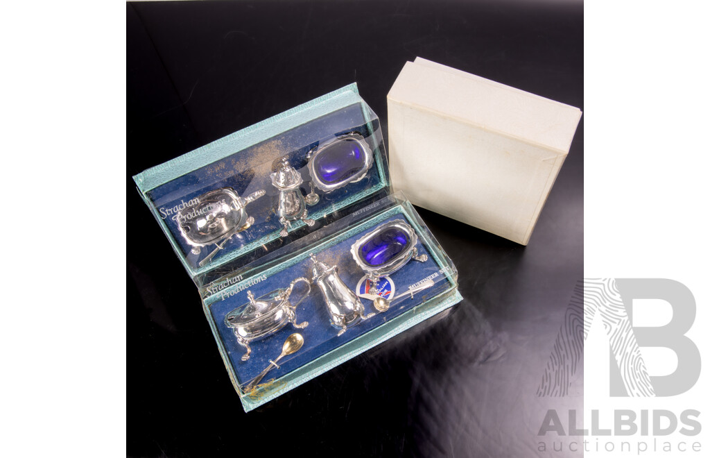 Two Retro Silver Plate Australian Strachan Muffineer Sets in Original Packaging Along with Another Silver Plate S & P Set