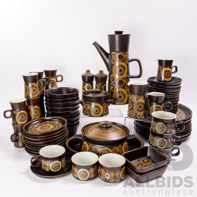 Fantastic Mid Century English Denby 71 Piece Dinner Service in Arabesque Pattern Including Pinched Waist Lidded Coffee Pot