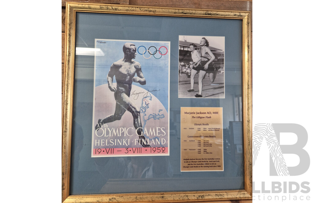 L107 - Framed Commemorative Plaque and Photo of Marjorie Jackson (The Lithgow Flash) Winning Gold Over 4 Years in 2 Commonwealth Games and the Helsinki Olympic Games