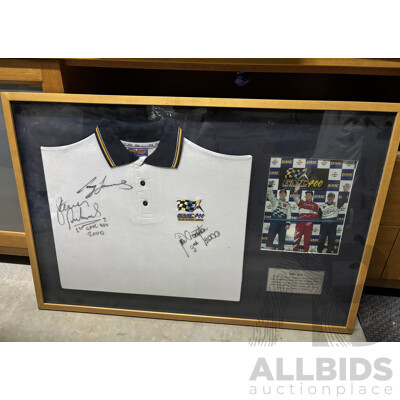 L104 - Framed 2000 GMC 400 polo shirt signed by top three finishers - Steven Richards, Craig Lowndes and Neil Crompton