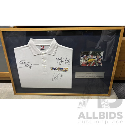 L105 - Framed 2001 GMC 400 polo shirt signed by top three finishers - Steven Johnson, Garth Tander and Mark Skaife