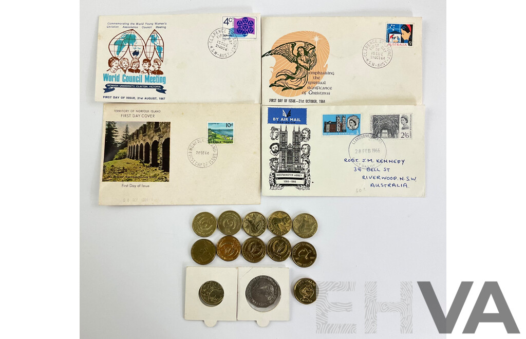 Australian Commemorative One Dollar Coins Including 1986 Year of Peace(2) 1988 Aboriginal Art Kangaroo(3), 1996 Henry Parkes, 2001year of the Volunteers(3), Centenary Federation, 2002 Year of Outback with 1960's First Day Covers