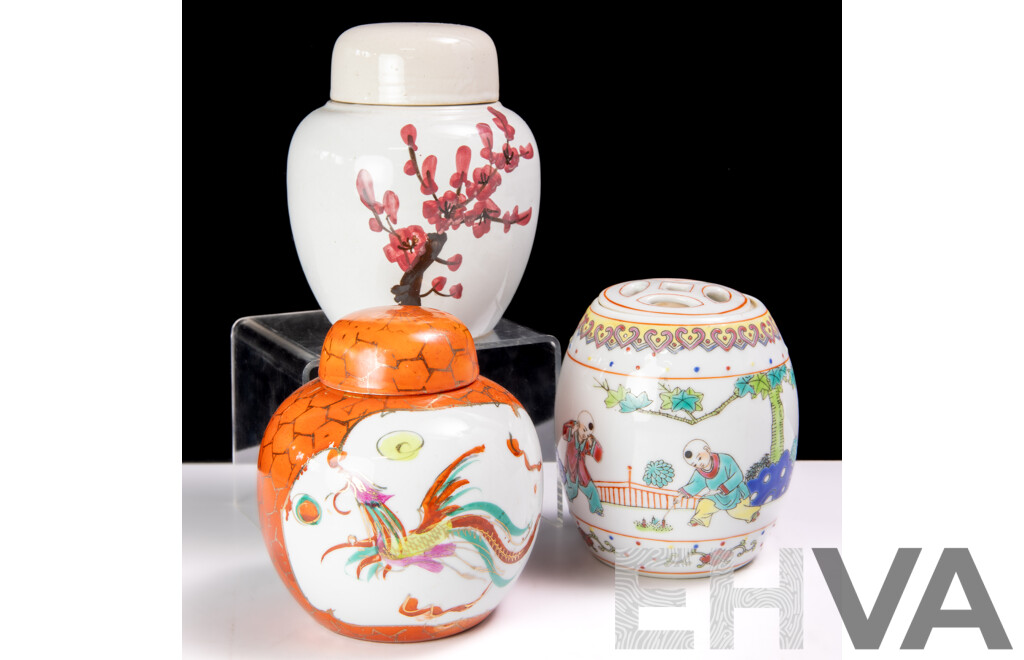 Collection Three Asian Ceramic Jars Including Two Ginger and One Miniature Drum Stool Examples