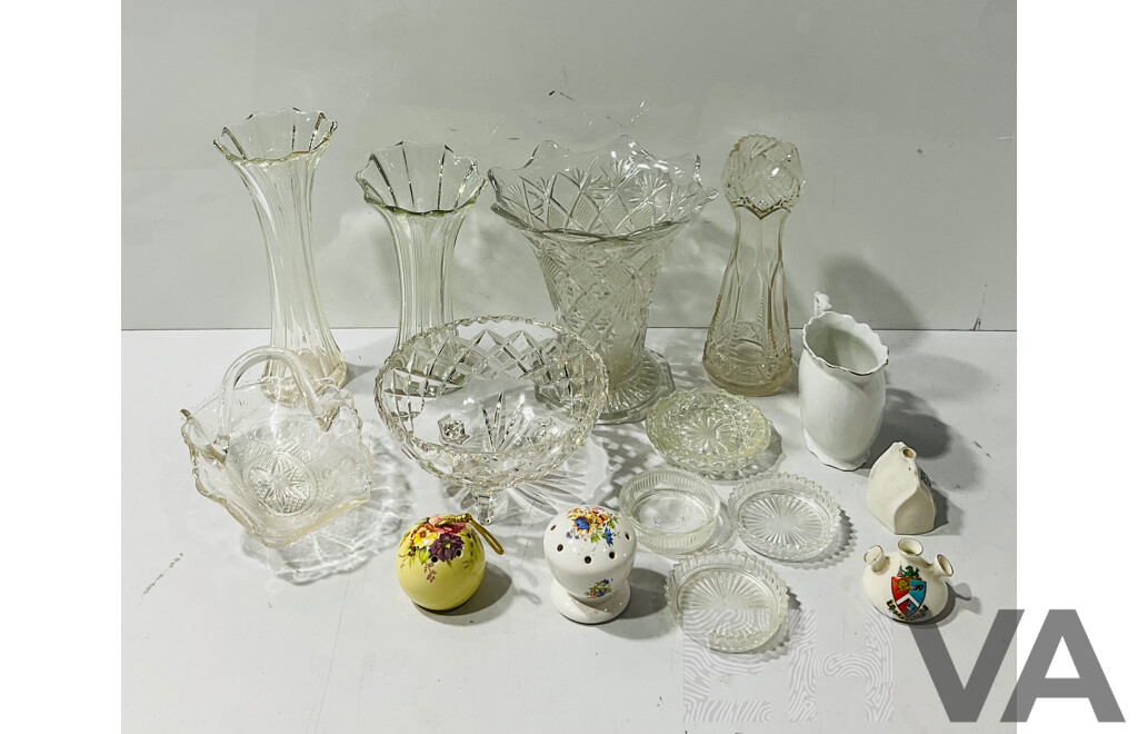 Collection Vintage Glass and Crystal Items, Souvinir Ware Ceramic Pieces & Two Ceramic Pomanders