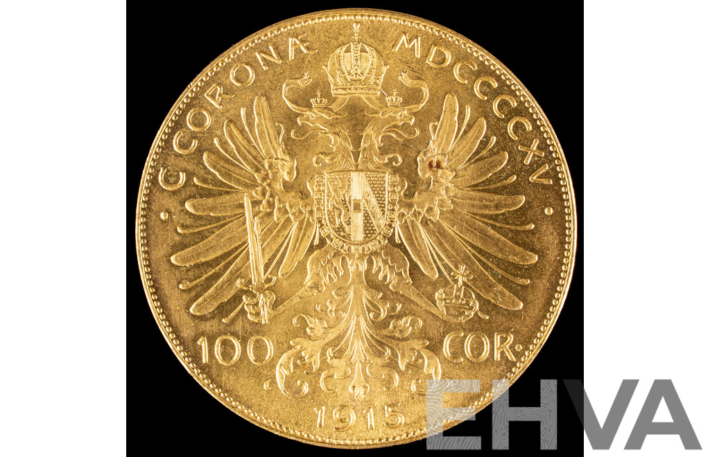 Austrian Empire 1915 Gold One Hundred Corona Coin, Francis Joseph I .900 - 33.88 Grams