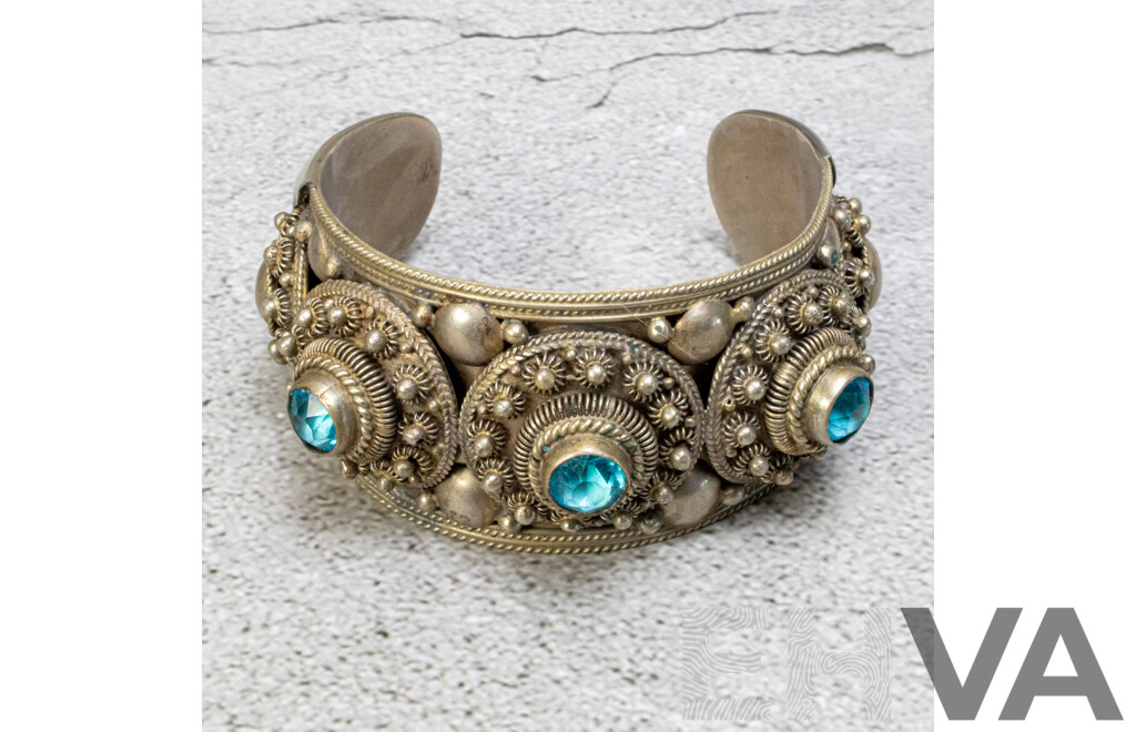 Ornate Siam Sterling Silver Cannetille Cuff Bangle, Circa 1930, with Blue Topaz Gemstones, 64mm, 71.29 Grams