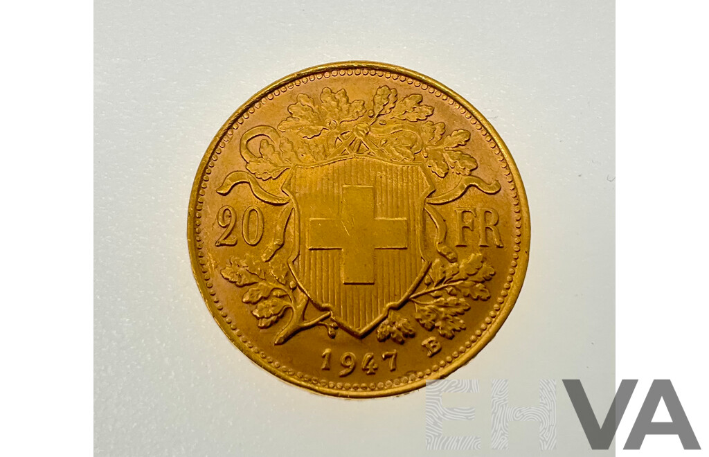 Switzerland 1947 Gold Twenty Francs Coin, Bern Mint