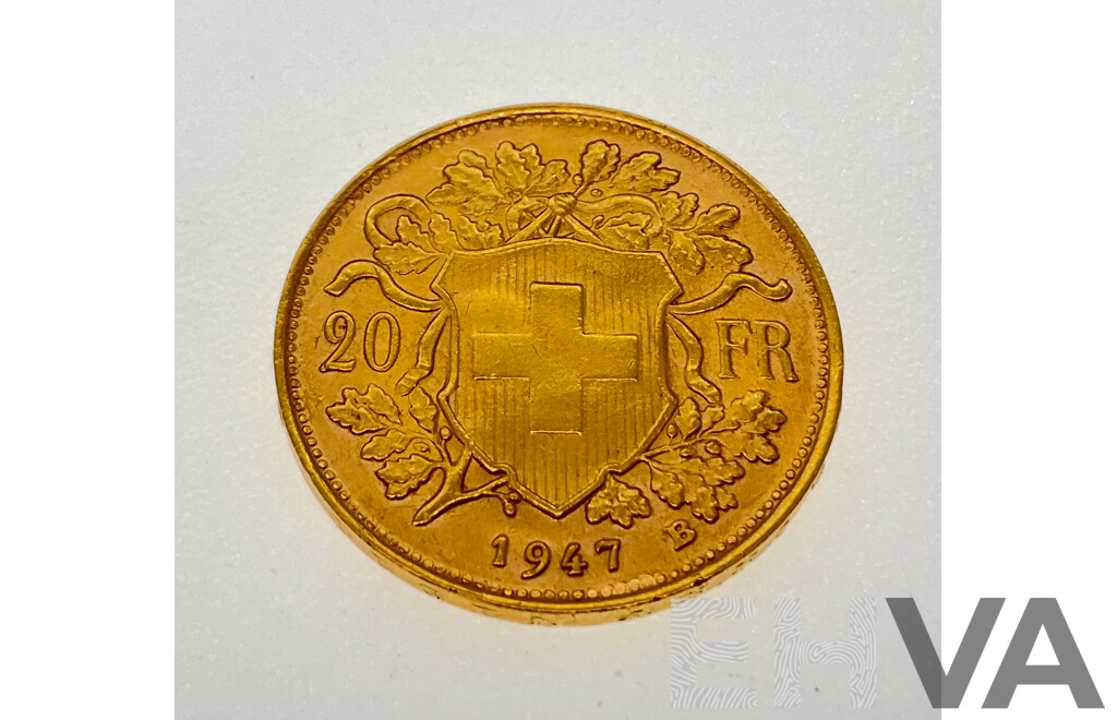 Switzerland 1947 Gold Twenty Francs Coin, Bern Mint .900