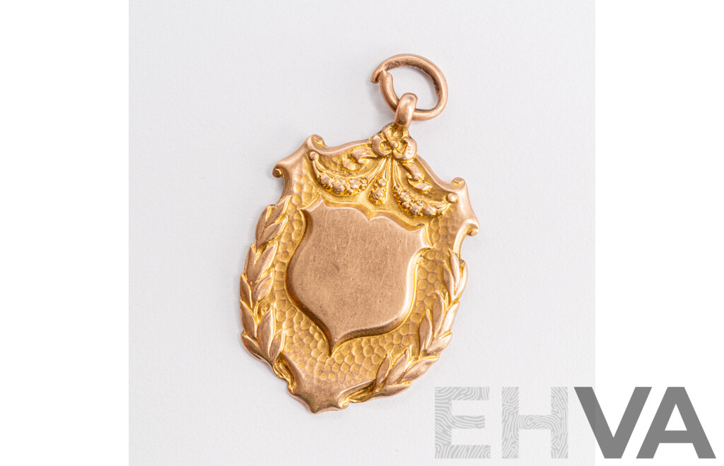 9ct Vintage Fob Style Medallion Sheild Pendant with Cartouch, 35mm X 22mm, 8.36 Grams