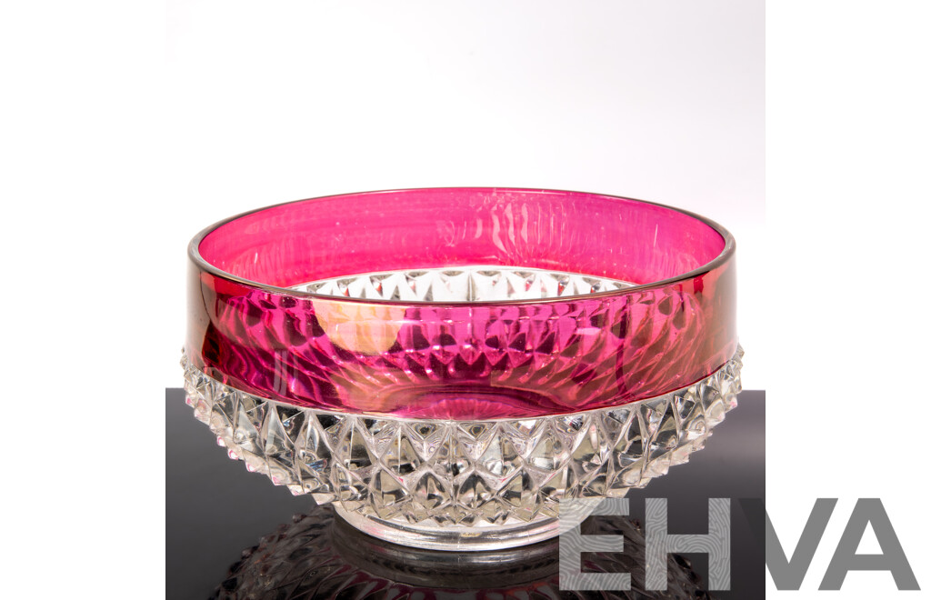 Large Vintage Continental Ruby Flashed Pressed Glass Serving Bowl
