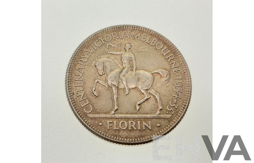 Rare Australian 1934-35 Silver KGV Florin, Commemorative Victoria Centenary .925