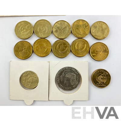Australian Commemorative One Dollar Coins Including 1986 Year of Peace(2) 1988 Aboriginal Art Kangaroo(3), 1996 Henry Parkes, 2001year of the Volunteers(3), Centenary Federation, 2002 Year of Outback with 1960's First Day Covers