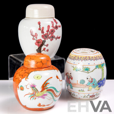 Collection Three Asian Ceramic Jars Including Two Ginger and One Miniature Drum Stool Examples