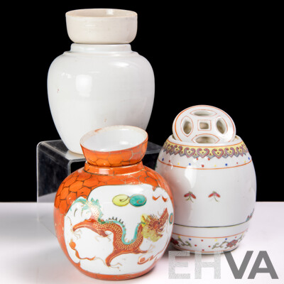 Collection Three Asian Ceramic Jars Including Two Ginger and One Miniature Drum Stool Examples