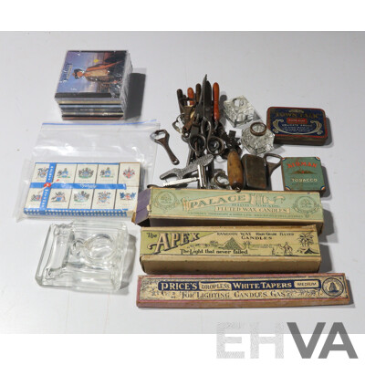 Collection Antique & Vintage Items Including Household Ephemera, Glass Inkwells, Thee Boxes Candles, Collectable Matchboxes, Tins, Six Slim Dusty Cds and More