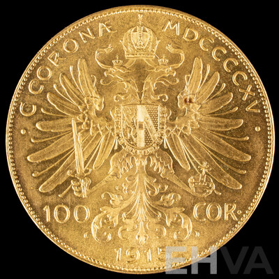 Austrian Empire 1915 Gold One Hundred Corona Coin, Francis Joseph I .900 - 33.88 Grams