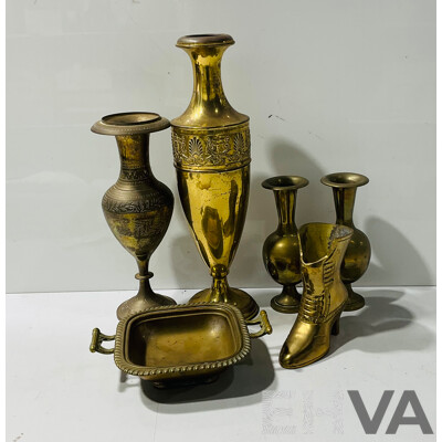 collection of vintage brassware including amphora style vases and more