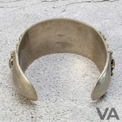 Ornate Siam Sterling Silver Cannetille Cuff Bangle, Circa 1930, with Blue Topaz Gemstones, 64mm, 71.29 Grams