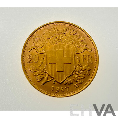 Switzerland 1947 Gold Twenty Francs Coin, Bern Mint