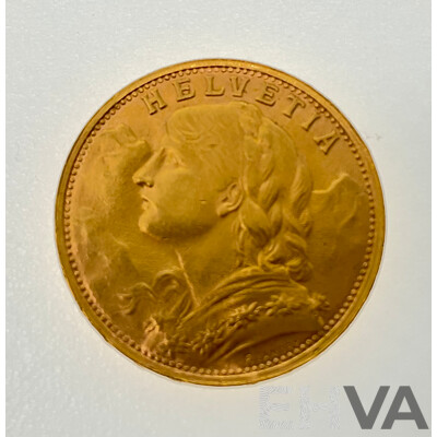 Switzerland 1947 Gold Twenty Francs Coin, Bern Mint