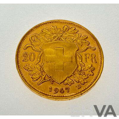 Switzerland 1947 Gold Twenty Francs Coin, Bern Mint .900
