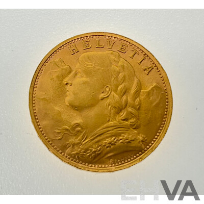 Switzerland 1947 Gold Twenty Francs Coin, Bern Mint .900