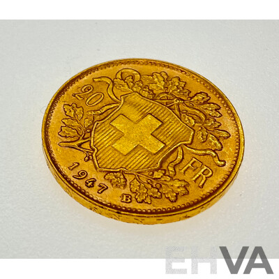 Switzerland 1947 Gold Twenty Francs Coin, Bern Mint .900