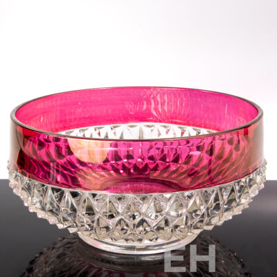 Large Vintage Continental Ruby Flashed Pressed Glass Serving Bowl