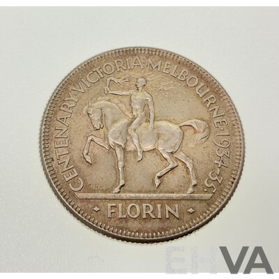 Rare Australian 1934-35 Silver KGV Florin, Commemorative Victoria Centenary .925
