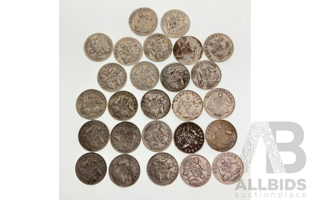 Twenty Six Australian KEVII/KGV Threepence, Examples Spanning 1910 to 1936 Including 1918M, 1919M, 1921M