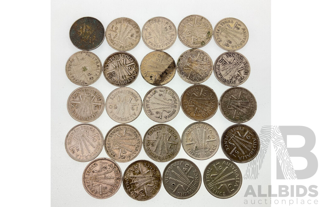 Twenty Four Australian KGVI/QE2 Threepence, Examples Spanning Years 1948 to 1963