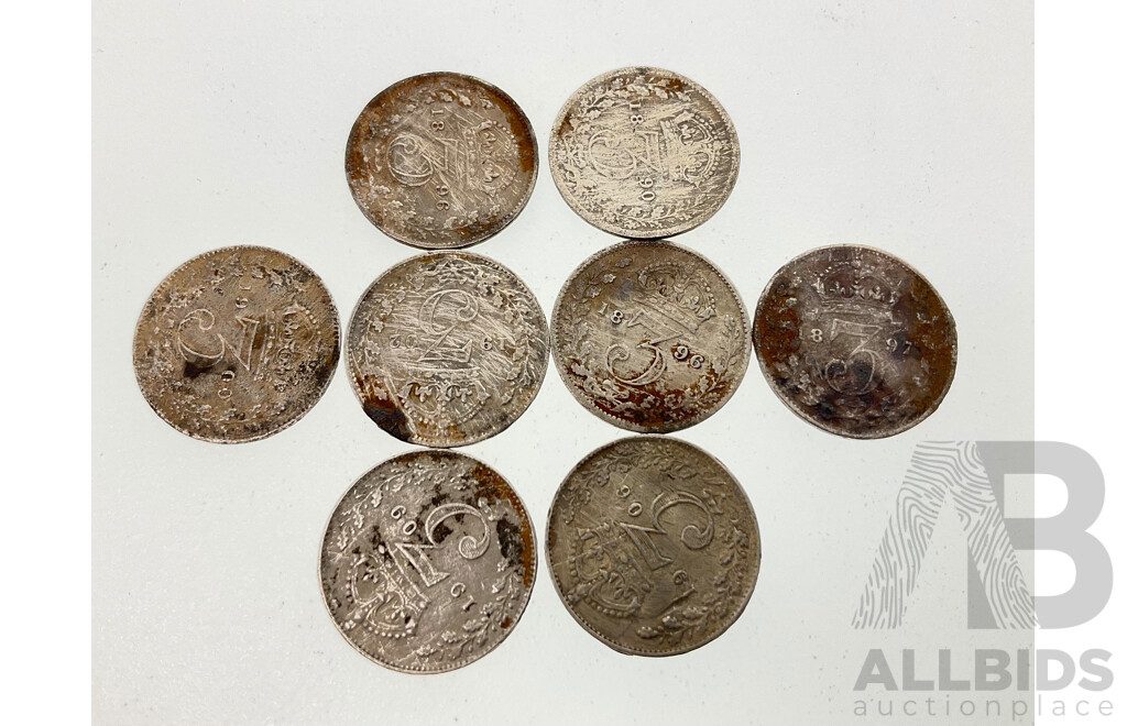 Eight United Kingdom QV/KEVII Threepence 1890, 1896(2) 1897, 1900, 1902, 1906, 1909