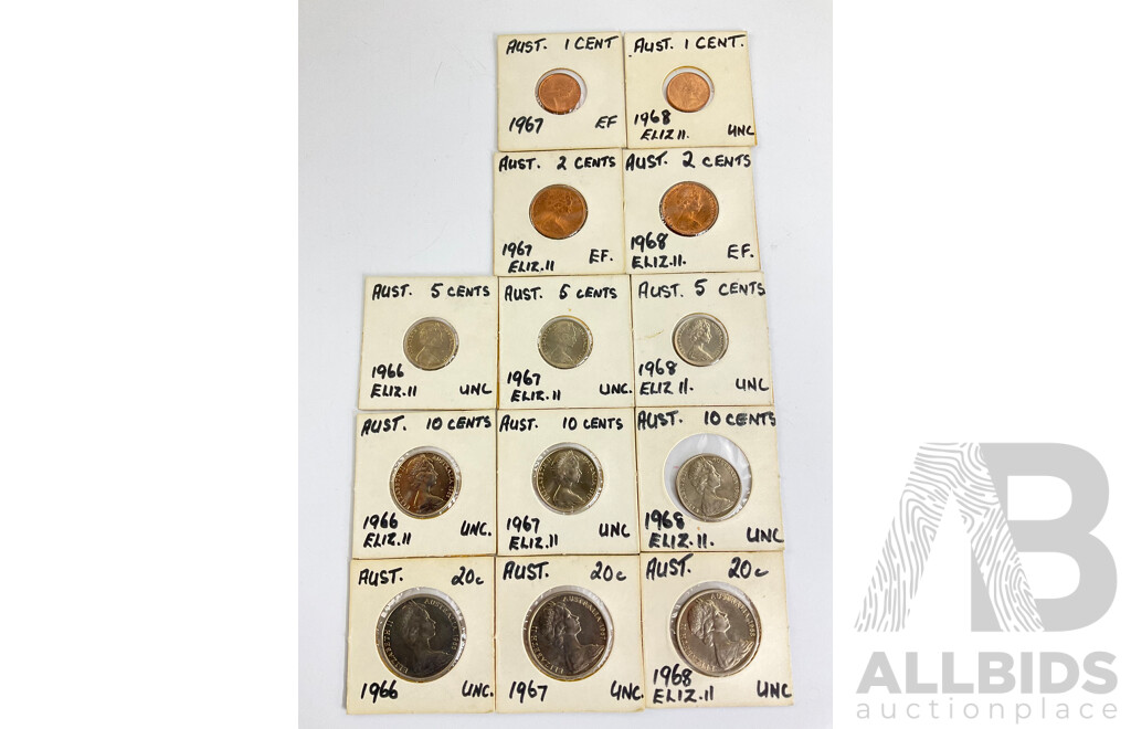 Collection of Australian Early Decimal High Grade Coins Spanning 1966 to 1968, One, Two, Five Ten, Twenty Cent