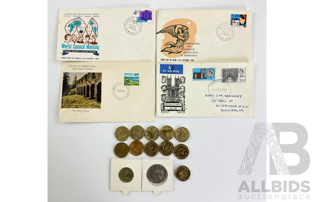 Australian Commemorative One Dollar Coins Including 1986 Year of Peace(2) 1988 Aboriginal Art Kangaroo(3), 1996 Henry Parkes, 2001year of the Volunteers(3), Centenary Federation, 2002 Year of Outback with 1960's First Day Covers