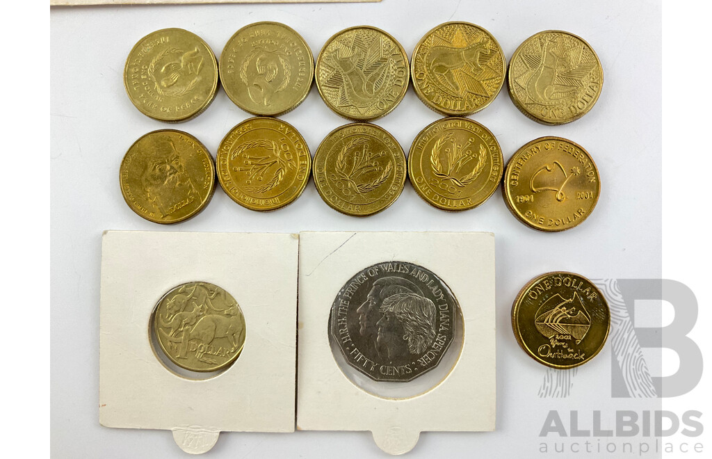 Australian Commemorative One Dollar Coins Including 1986 Year of Peace(2) 1988 Aboriginal Art Kangaroo(3), 1996 Henry Parkes, 2001year of the Volunteers(3), Centenary Federation, 2002 Year of Outback with 1960's First Day Covers