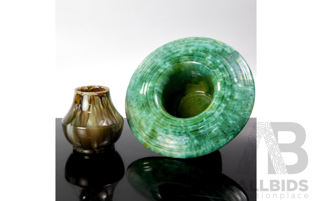 Vintage Australian Tasmanian John Campbell Pottery Jug with Green Glaze Along with Regal Mashman Vase