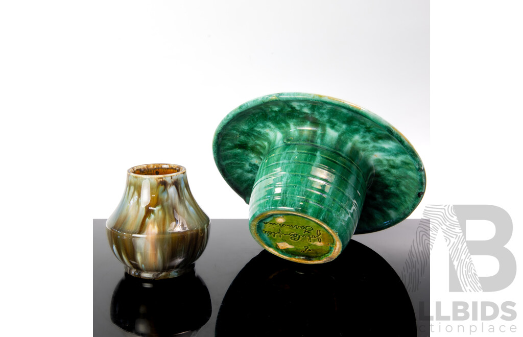Vintage Australian Tasmanian John Campbell Pottery Jug with Green Glaze Along with Regal Mashman Vase