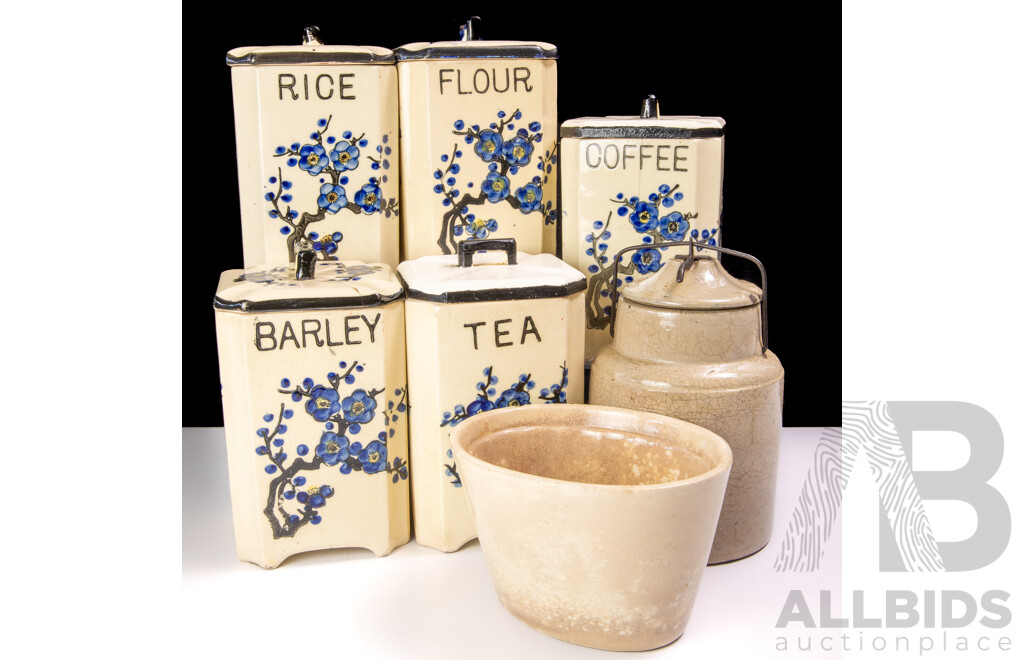 Vintage Set Five Japanese Ceramic Kitchen Lidded Canisters, Number 6 Ceramic Jelly Mould and 1901 Patented Ceramic Jar