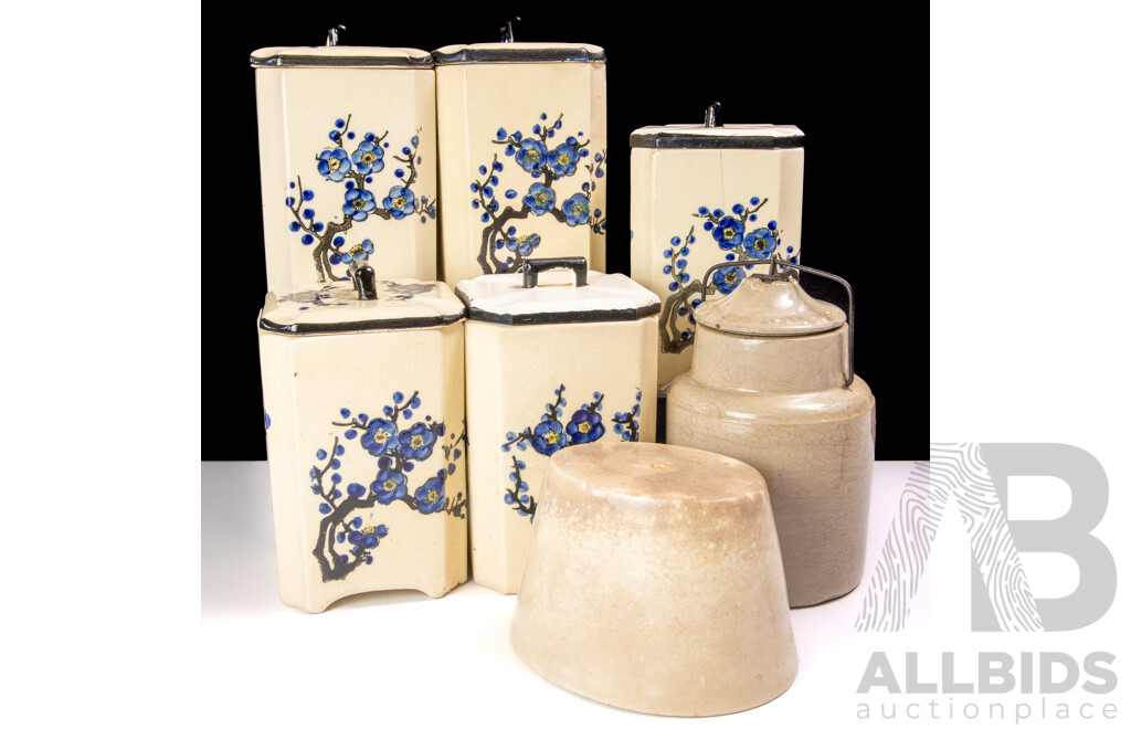 Vintage Set Five Japanese Ceramic Kitchen Lidded Canisters, Number 6 Ceramic Jelly Mould and 1901 Patented Ceramic Jar