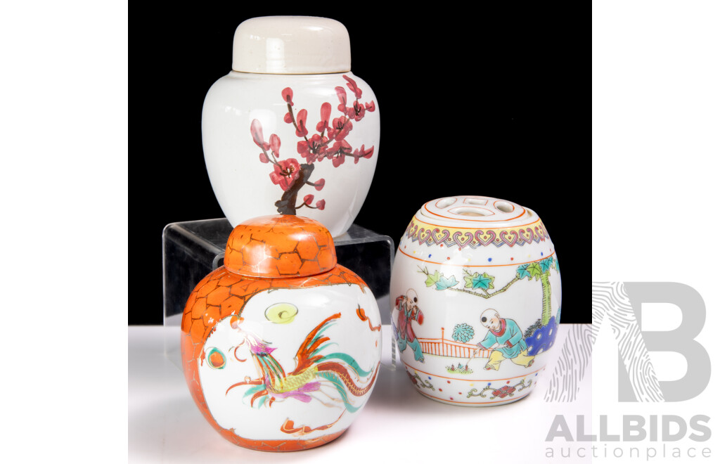 Collection Three Asian Ceramic Jars Including Two Ginger and One Miniature Drum Stool Examples