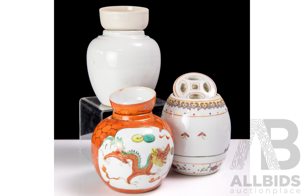 Collection Three Asian Ceramic Jars Including Two Ginger and One Miniature Drum Stool Examples