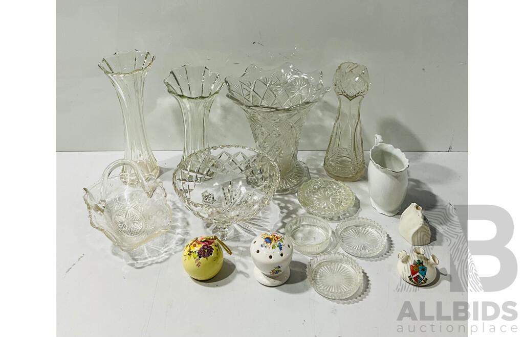 Collection Vintage Glass and Crystal Items, Souvinir Ware Ceramic Pieces & Two Ceramic Pomanders