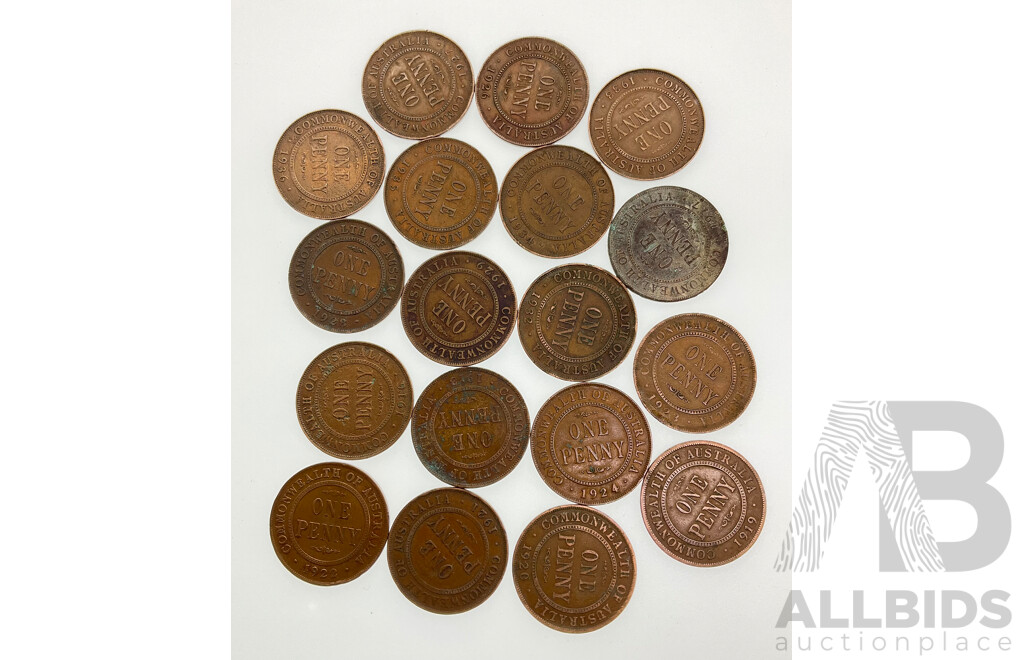 Collection of Australian KGV Pennies Including 1913, 1916, 1917, 1919 Consecutive to 1924, 1926, 1927 1928, 1929, 1932, 1933, 1934, 1935 1936