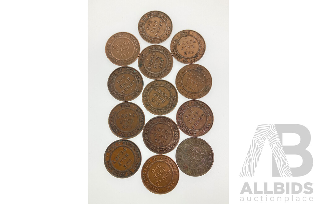 Collection of Australian KGV Half Pennies Including 1913, 1916, 1917, 1919, 1921, 1922, 1926, 1927, 1929, 1932, 1933, 1934, 1935