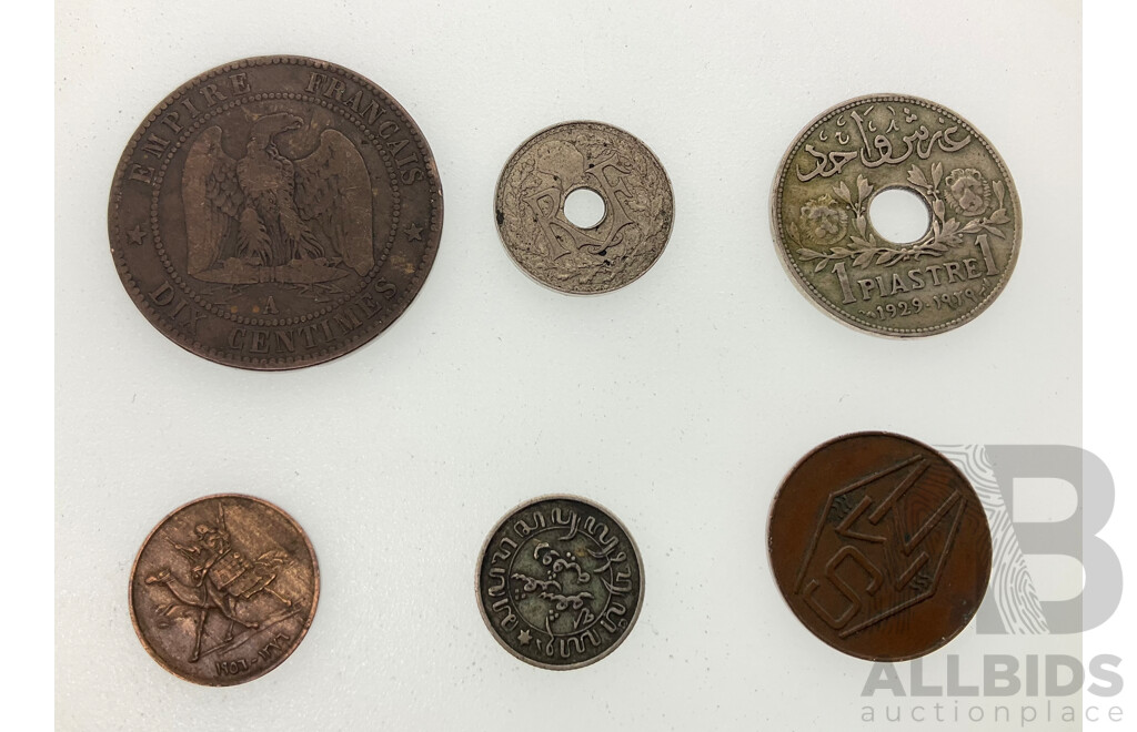 France 1855 Ten Centimes, Napoleon III Paris Mint, Amsterdam Ten Boordgeld Token, Syria 1929 One Piastre, Sudan 1907  One Millim
