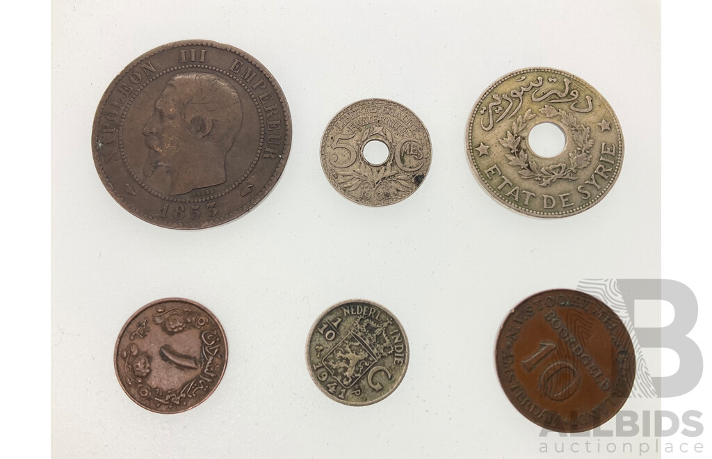 France 1855 Ten Centimes, Napoleon III Paris Mint, Amsterdam Ten Boordgeld Token, Syria 1929 One Piastre, Sudan 1907  One Millim