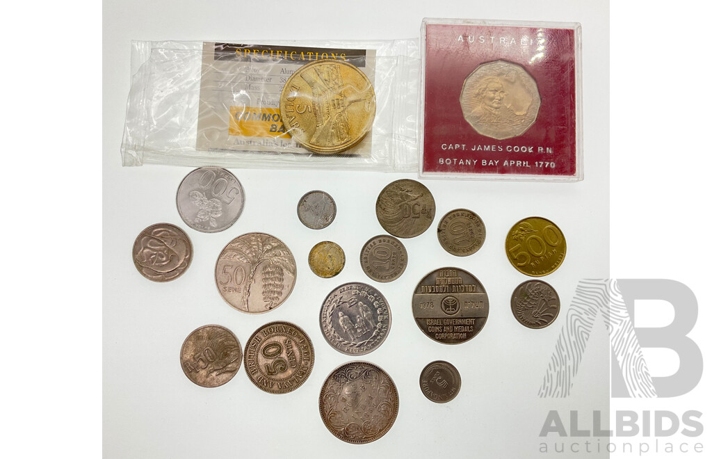 Collection of International Coins Including India 1889 Silver One Rupee, Australian 1988 Commemorative Five Dollar, 1970 Fifty Cents, Isreal 1978 Season Greetings Token and More