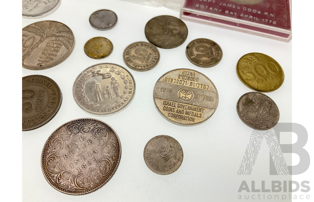 Collection of International Coins Including India 1889 Silver One Rupee, Australian 1988 Commemorative Five Dollar, 1970 Fifty Cents, Isreal 1978 Season Greetings Token and More