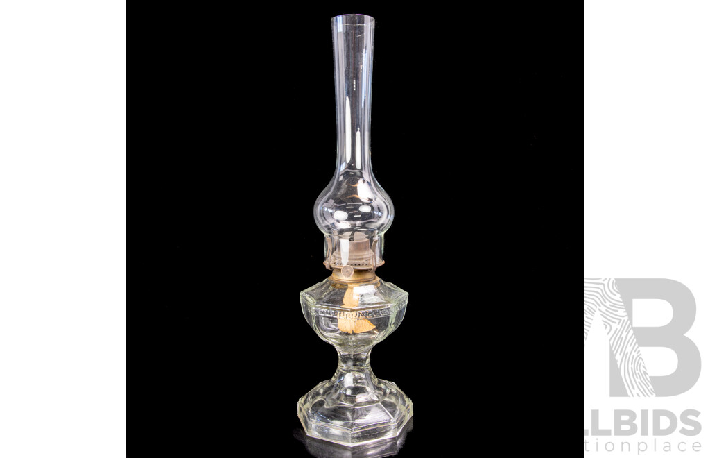 Antique Miller Oil Lamp with Octagonal Glass Base & Font, with Glass Chimney