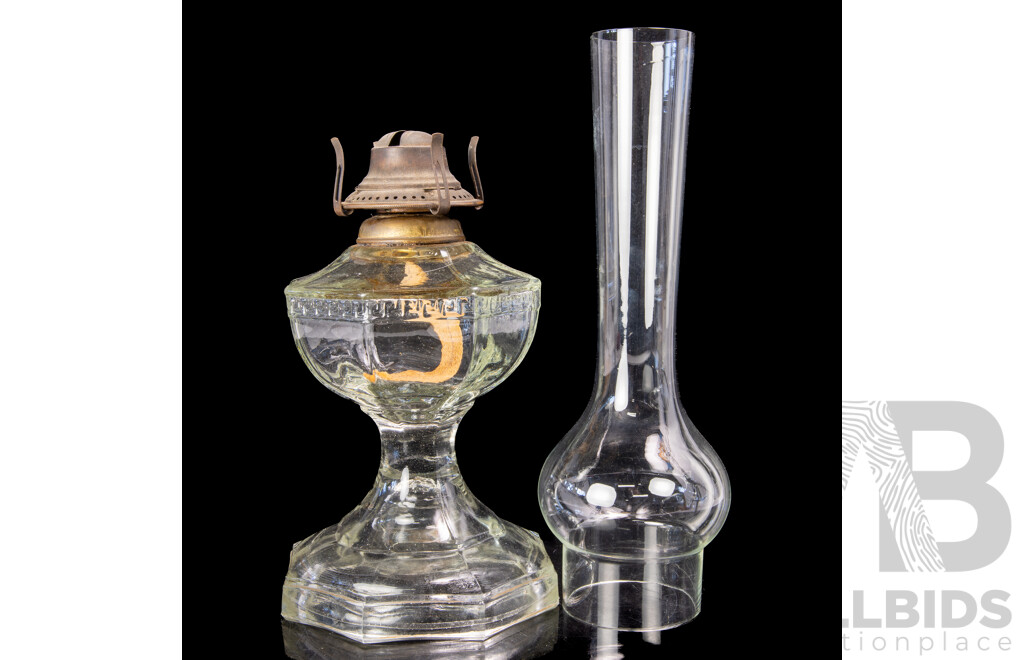 Antique Miller Oil Lamp with Octagonal Glass Base & Font, with Glass Chimney
